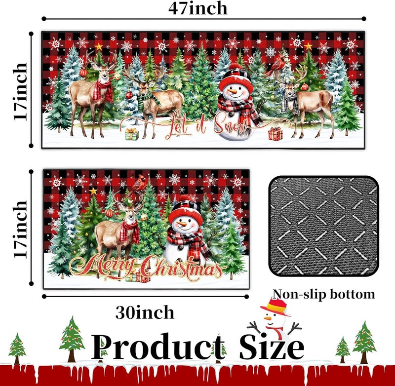 UYDOXCU Merry Christmas Kitchen Rugs and Mats Set of 2, Buffalo Plaid Winter Xmas Holiday Home Kitchen Decor Floor Mats, Washable Non-Slip Sink Carpet (Christmas 2, 17"x47"+17"x30") - Image 2